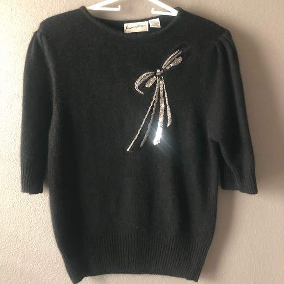 Inspiration Brand Silk & Angora SZ Large Black sequin detailed Black Cap sleeve - Picture 6 of 16